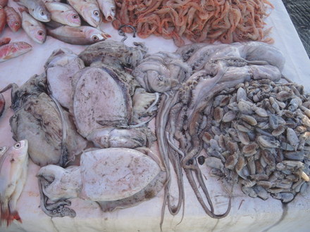 Jūros gėrybės Essauira turguje